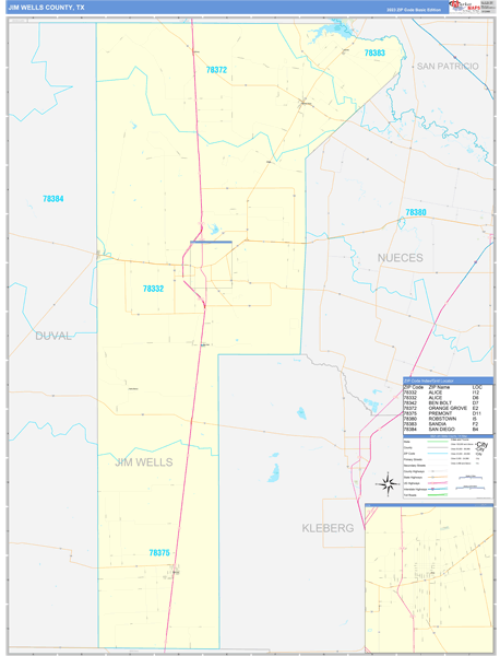 Jim Wells County Wall Map Basic Style